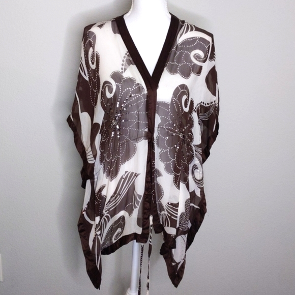 Bebe Silk Vintage 90s Sheer Cover Kimono Wrap Top Beaded Brown - Picture 1 of 8